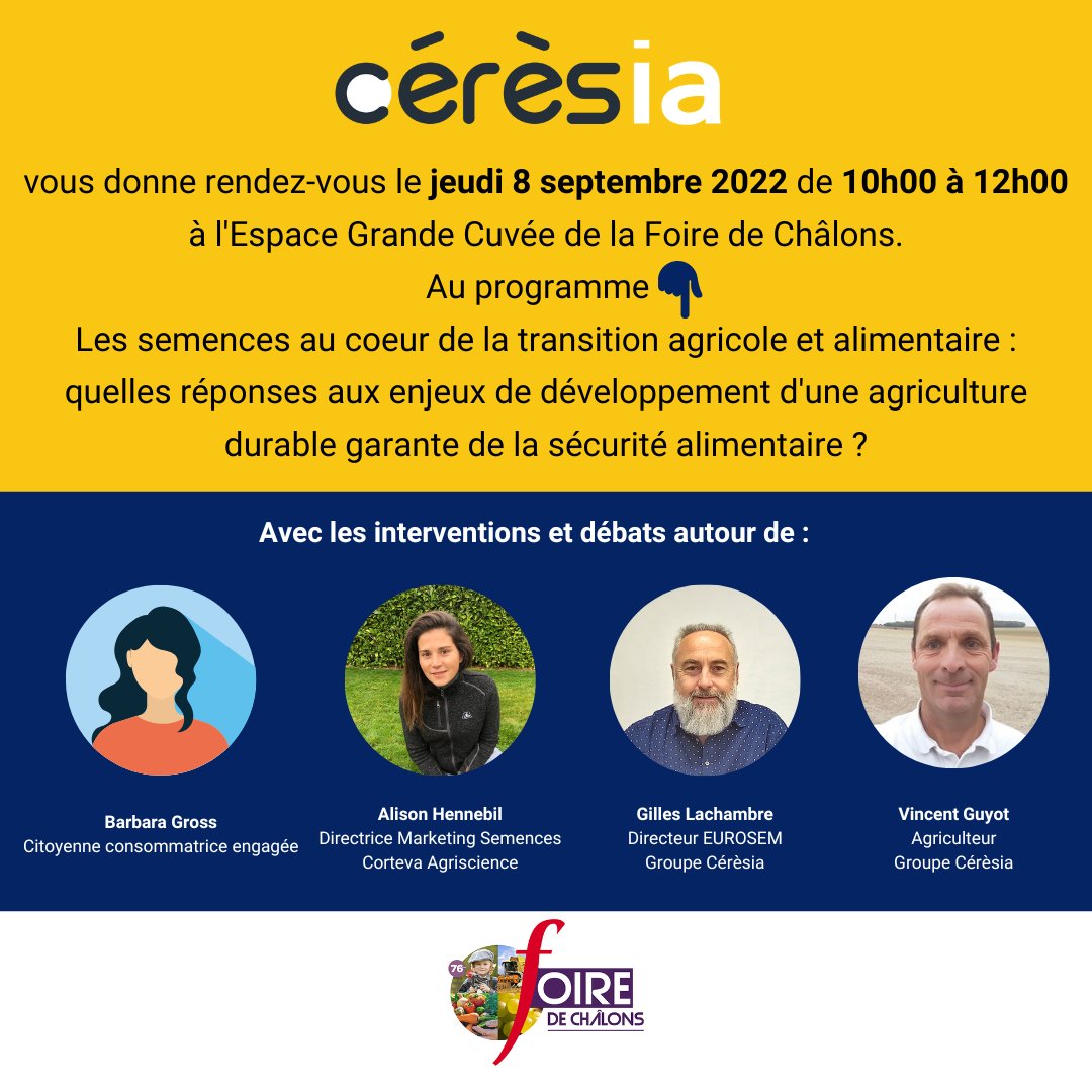 📆 [08/09/2022] 10h-12h 👉 Retrouvez <a href="/Coopceresia/">Cérèsia</a> à l’Espace Grande Cuvée de la <a href="/foiredechalons/">Foire de Châlons</a> pour une conférence sur le thème « Les #semences au 💚 de la #transition agricole et alimentaire. »

Inscription 👉 lnkd.in/eAVfDXhB

#agriculture #alimentation #PlanetA