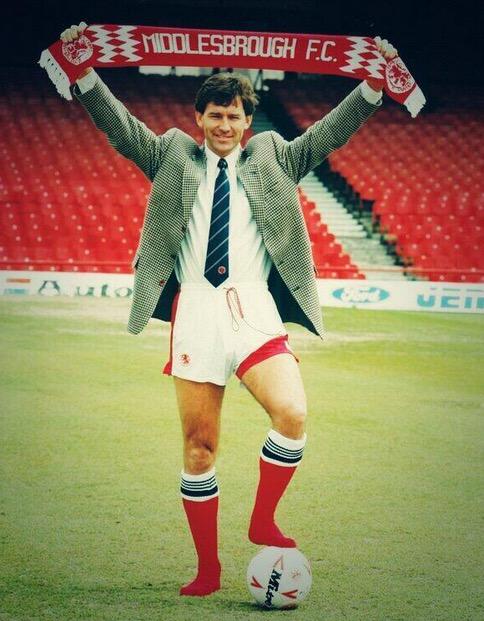 mholyman's tweet photo. 100% the best unveiling is Bryan Robson to middlesbrough as Player/Manager #gmsf half suit half kit https://t.co/qrGfeIpFWP