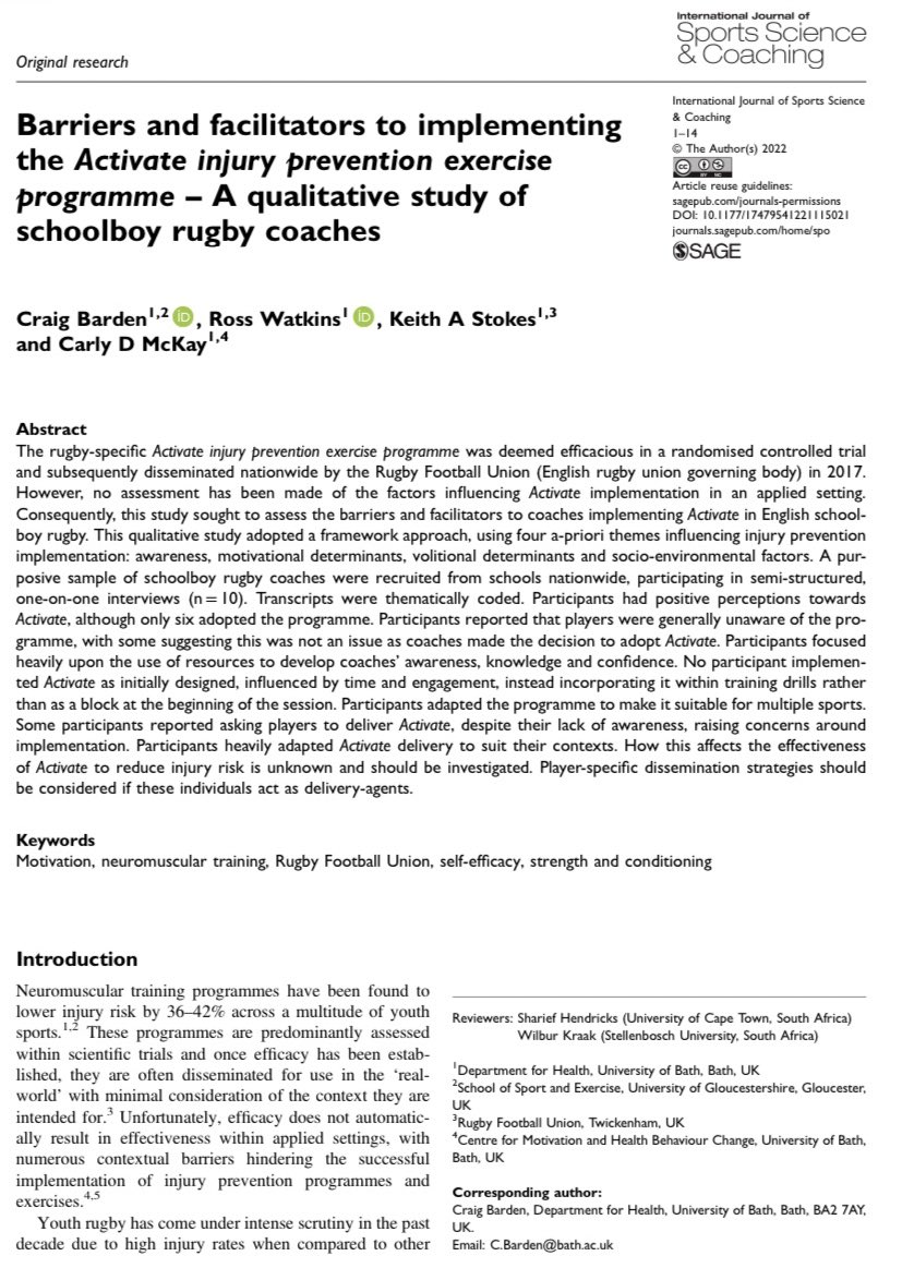 cigney's tweet image. 📕 my 5th and final PhD study has been published.

‘Barriers and Facilitators to implementing the Activate injury prevention exercise programme – a qualitative study of schoolboy rugby coaches’

Int J Sports Sci Coach
🔗 journals.sagepub.com/doi/full/10.11…

Short 🧵….