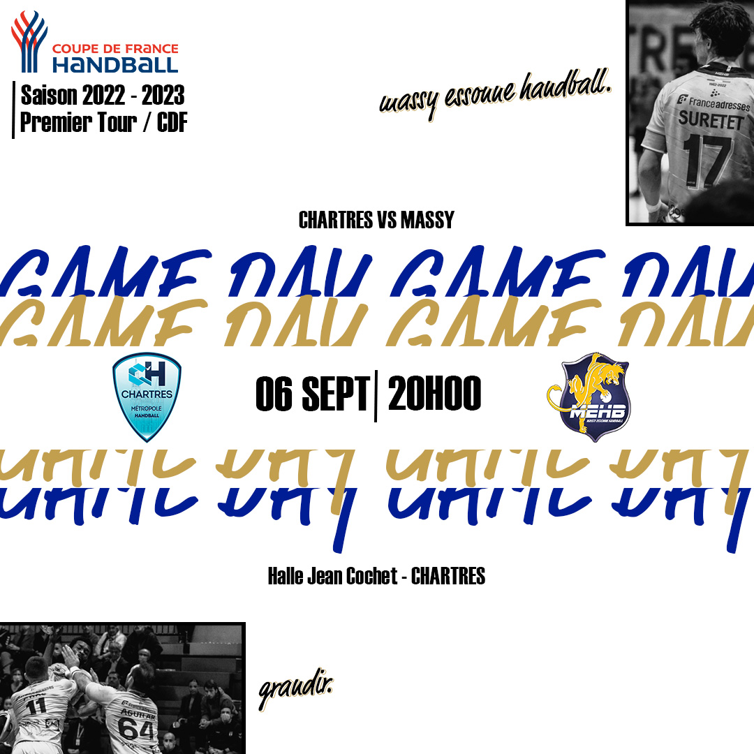 GAME DAY ! 🔥

🆚  Chartres Métropole Handball
🤾 16èmes de finale de Coupe de France
🕗 20h00
🏟 Halle Jean Cochet

 #LECLUBQUIFAITGRANDIR #handball #MEHB #sport #HANDBALTV #handballtime