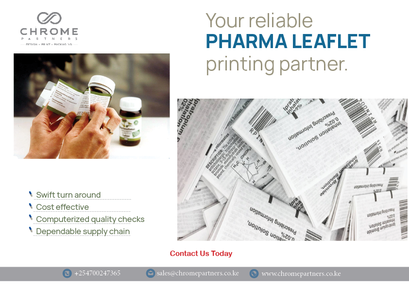 ChromePartners's tweet photo. Are you struggling with your cost and delivery efficiency on your Pharma leaflets? Chrome Partners has the perfect solution for you!
Contact us today on:
Call: +254700247365
Email: sales@chromepartners.co.ke
#Chromepartners #thepowerofprint #pharmaleaflet https://t.co/CSWp2RnzUB