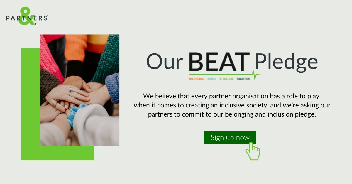 Inclusion and belonging is a core pillar of our people strategy at Partners&amp; 👪

Find out about our BEAT Pledge below or contact us at BEAT@Partnersand.com 📧

ow.ly/LSXR50Krinn 

#belonging #inclusion #wellbeing #performance #BEATpledge #partnersand