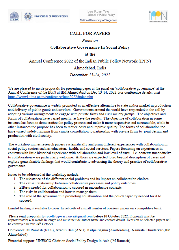 Come join us in Ahmedabad (in-person and online)! We're organizing a panel on Collaborative Governance in Social Policy at the 3rd IPPN Conference. Paper proposals due on 10 October. Email us @ spcollabgovernance@gmail.com @Ecopubpol @namratarc @ProframeshM