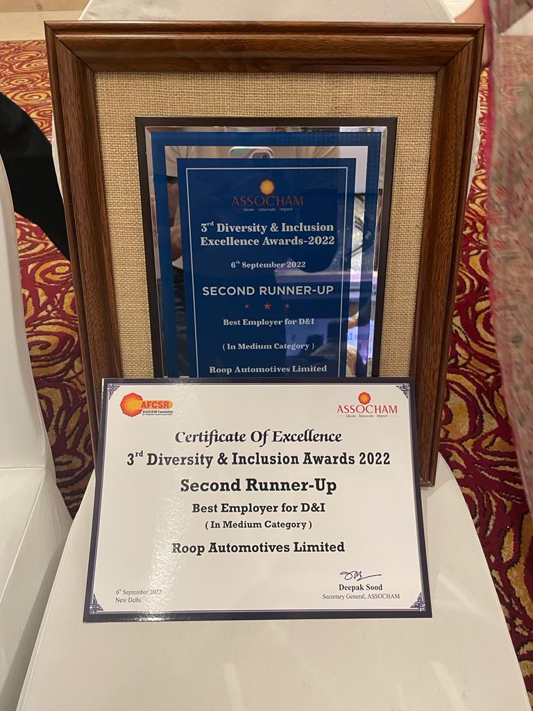 Thank U  <a href="/ASSOCHAM4India/">ASSOCHAM</a> 
1st time Nomination and we came 3rd in   #ASSOCHAMDiversityandInclusion 3RD Excellence Awards
Humbled and overjoyed is how we all feel.
Great start to our  #diversityequityandinclusion journey.
#roopautolife
#roopautokijai
 #diversitymatters