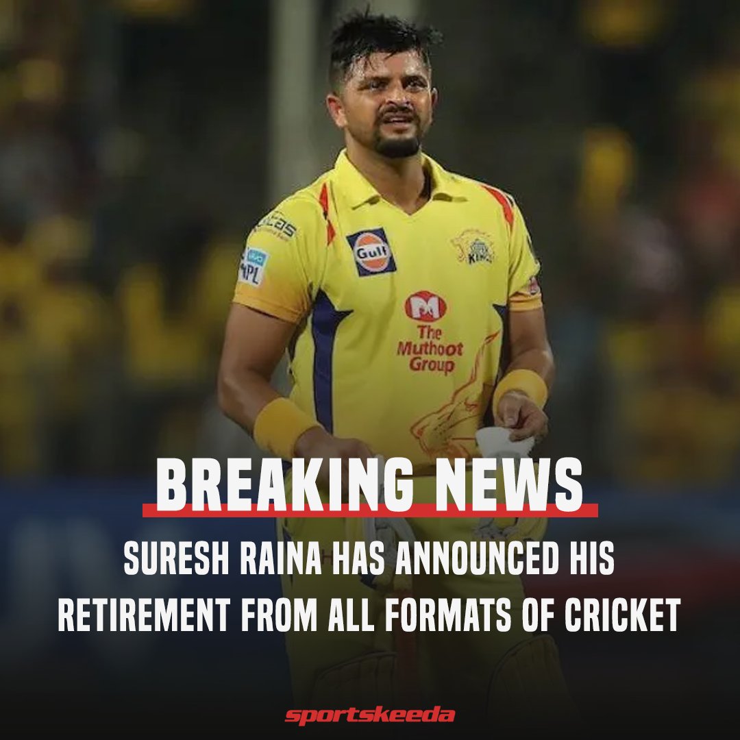 Sportskeeda's tweet photo. 🚨 BREAKING 🚨

Suresh Raina has announced his retirement from all formats of cricket 🏏🇮🇳

#SureshRaina #India #teamindia #CricketTwitter #IPL2023 #chennaisuperkings https://t.co/N2bl0YhM6D