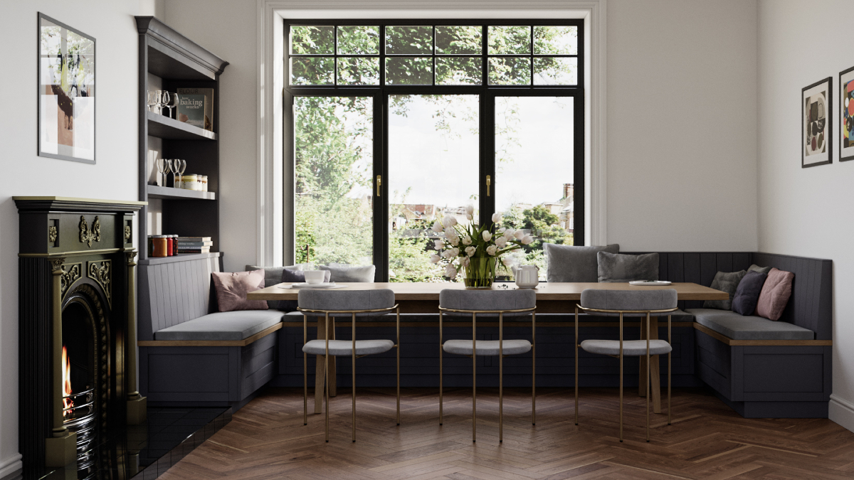 Design for a large dining arrangement in an open plan kitchen living area. Providing comfortable and flexible seating, bespoke banquettes are a great solution for family dining maximising the use of space allowing more room for everyone to sit around the table.
 #banquetteseating