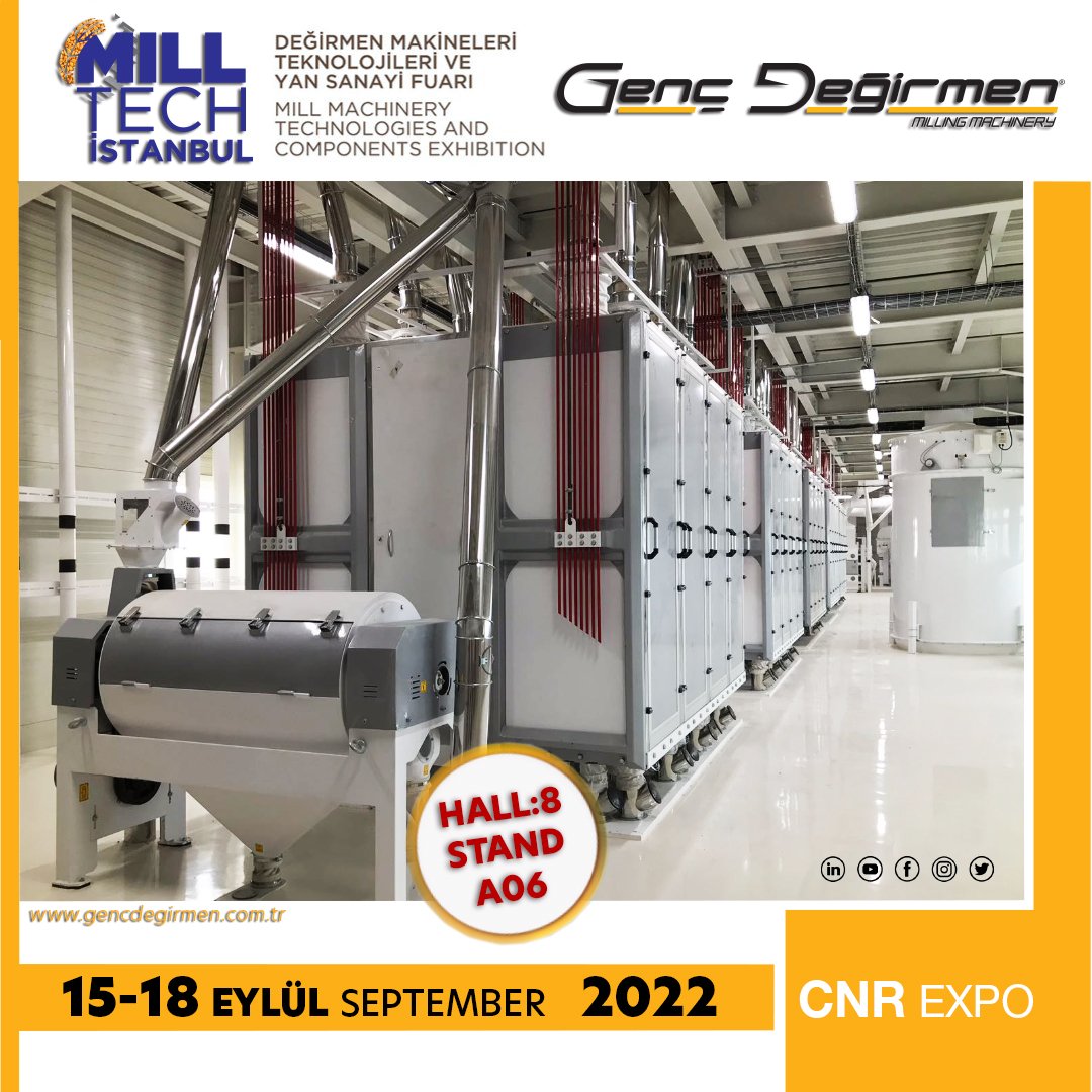 gencdegirmen's tweet photo. Nous vous souhaitons la bienvenue sur notre stand au CNRExpo World Mill Tech Exhibition du 15 au 18 septembre 2022.
#milltechistanbul #Fair #gencdegirmen #millingmachine #quantuminox #gmach #inoxplansifter #CNRExpo https://t.co/jtwTTHoC5b