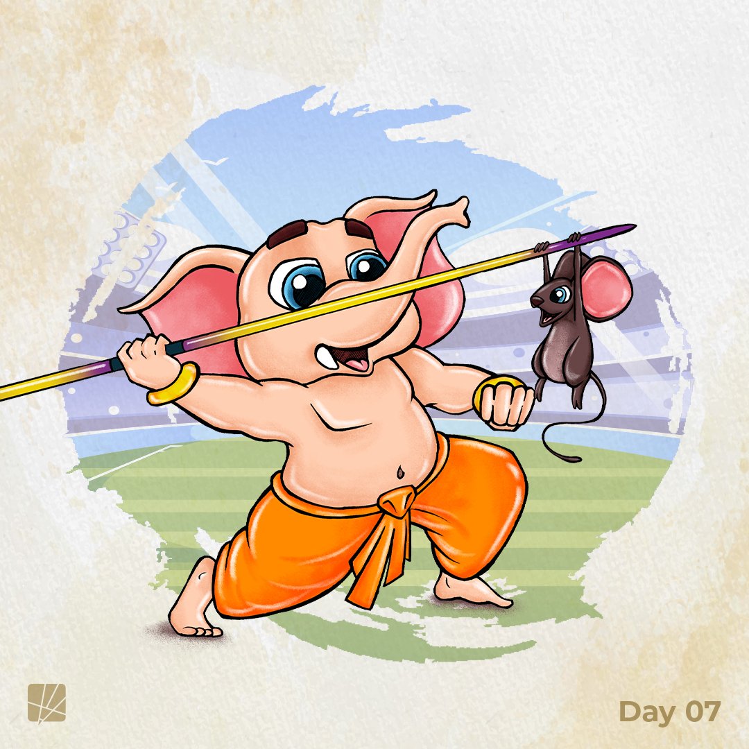 PencilsNPixels_'s tweet photo. Day 7,
Ganesha is all set to create a new record in Javelin throw 🏆 and little mushak 🐀 is ready to fly high with it 🤭

#pencilsnpixels #ganeshaseries2022 #javelin #javelinthrow #india #neerajchopra #javelinrecord #teamindia #olympics #olymicchampion https://t.co/Y0A3Wf8Any
