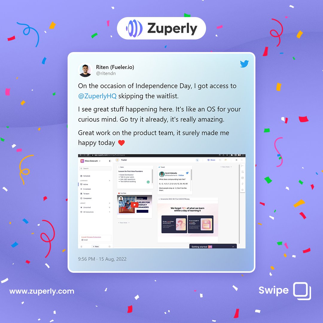 ZuperlyHQ's tweet image. User love and testimonials keep pushing us forward, and it's always a great feeling to hear organic shoutouts. Here are some of the testimonials we got organically 🎉🚀
#testimonials #userlove #learnyourway