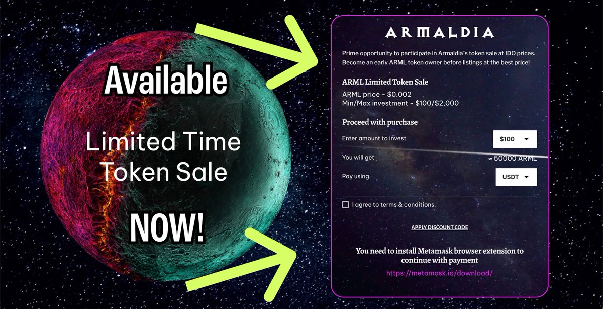 ‼️BIG NEWS‼️
👇
Armaldia is launching its token presale 🪙🪙🪙🤑
👇
Get your ARML token here and be ready for a lucrative journey 😜🤩
👇
armaldia.com

#ARMALDIA #Play2Earn #tokensale #BNB