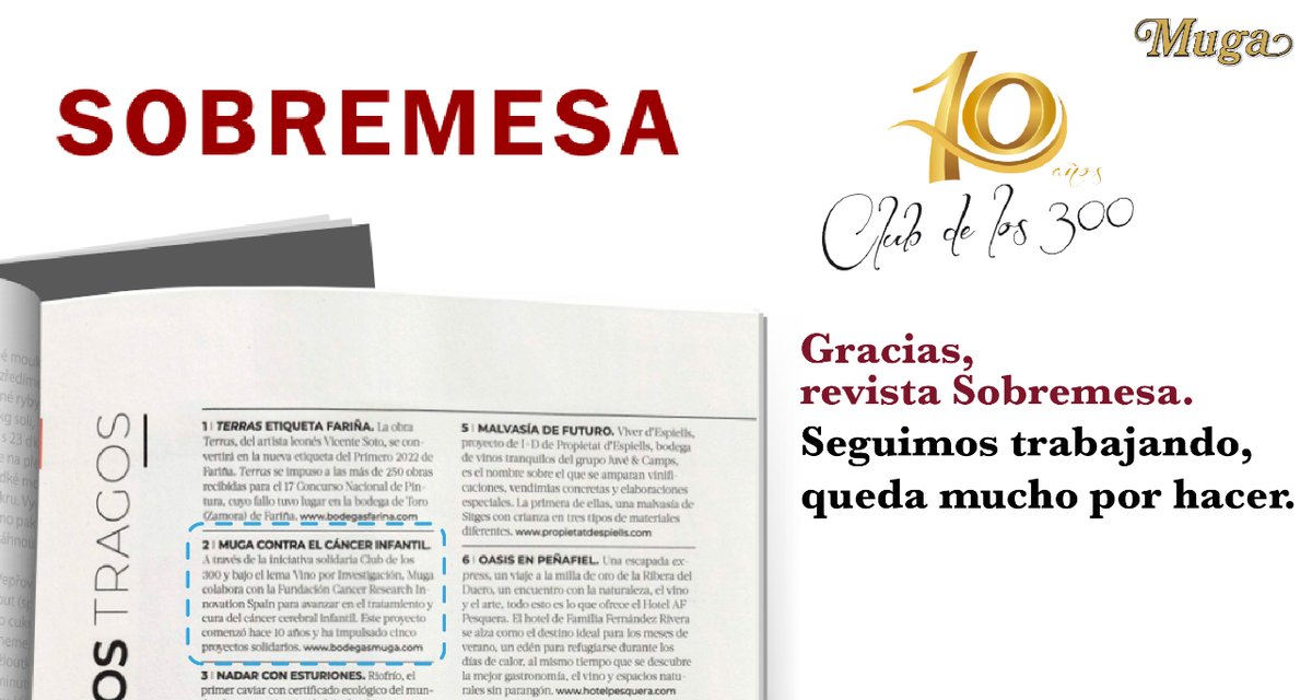 Bodegas Muga (@bodegasmuga) on Twitter photo Gracias, <a href="/rsobremesa/">Revista Sobremesa</a> 🙌
Seguimos trabajando junto con <a href="/criscancer/">CRIS contra el cáncer</a> en este proyecto de investigación contra el cáncer infantil.
#BodegasMuga #VinoPorInvestigación Gracias, <a href="/rsobremesa/">Revista Sobremesa</a> 🙌
Seguimos trabajando junto con <a href="/criscancer/">CRIS contra el cáncer</a> en este proyecto de investigación contra el cáncer infantil.
#BodegasMuga #VinoPorInvestigación