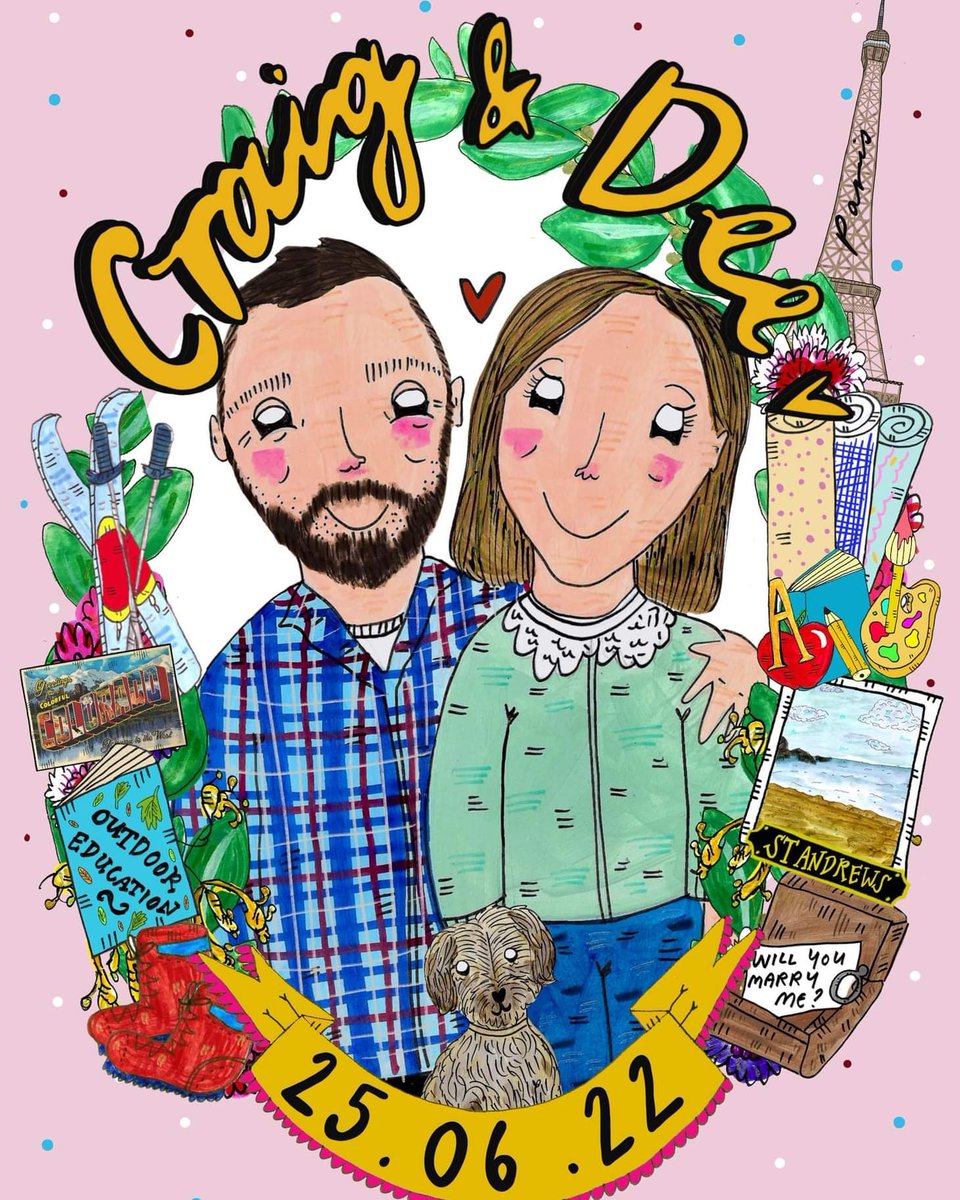 Craig and Dee 💖✏️ I was asked to create this drawing as a wedding gift, we added some of their favourite things in the border as well as a wee nod to their engagement 💍 I'm taking commission bookings for the rest of the year now, more info on my website! 🌟