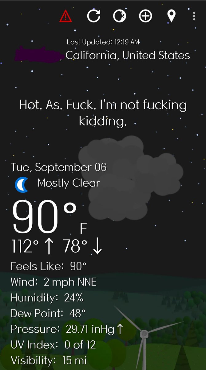 Mzishi's tweet photo. It's 12:25am
Why in the blue unicorn donkey hell is it 90 FUCKIN degrees?!
90!!!! 9-0 Degrees!
#CaliforniaHeatWave #California #NorCal #Weather #MiserableHeat #FightingWeather https://t.co/gRzYT6lPP5