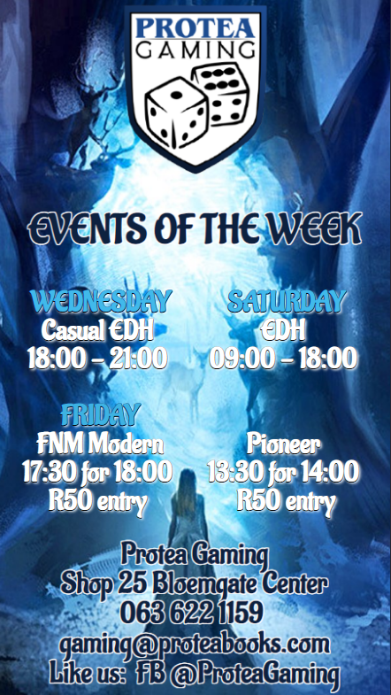 ProteaBoekeBFN's tweet photo. Calling all Magic players, here are your events for the week!

Do remember to RSVP your attendance to our Whatsapp group: https://t.co/ik9eojuZkI

#edh #MTG #magicthegathering #pioneer #fdm #modern #proteagaming #bloemfonteingaming #bloemgatecenter #tabletopgames #gamingcommunity https://t.co/DCKfEyHTNq