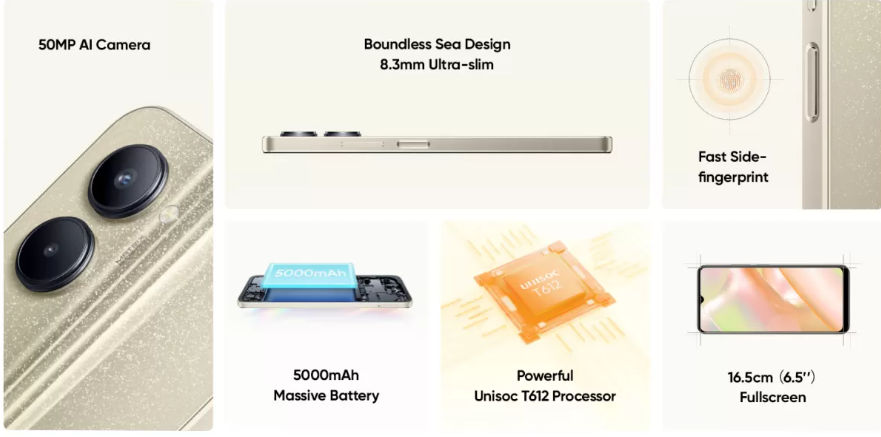techypose's tweet photo. Realme C33
6.5" HD+ IPS lcd 60hz
50mp Main camera
2mp depth
5mp selfie
Unisoc t612 12nm
Lpddr4x ufs 2.2
triple card slot
5000mah 10w charging with micro usb
side finger
3.5mm jack
8.3mm 187g
realme ui s edition android 12
color-Sandy gold,aqua blue,night sea
3/32=8999,4/64=9999 https://t.co/Qp0aAJjhBR
