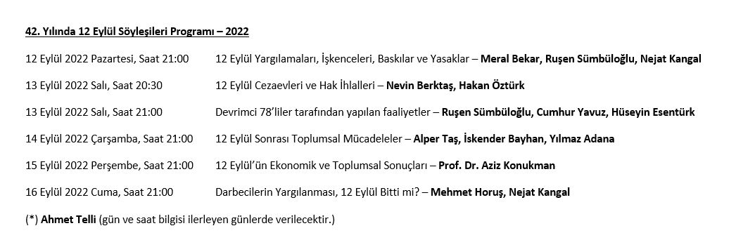 Devrimci 78’liler Federasyonu katılımıyla 12 Eylül değerlendirme söyleşileri 12-16 Eylül tarihlerinde turnusolTV canlı yayın kanalında. Canlı yayınlara soru ve yorumlar ile katılım sağlanabilecektir.

Canlı yayın linki: youtube.com/channel/UCY2Gk…