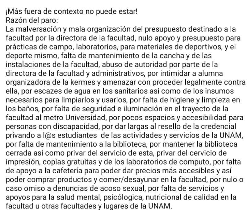 UliMorales_'s tweet photo. ¡Más fuera de contexto no puede estar! FCPyS Razón del paro: La malversación y mala organización del presupuesto destinado a la facultad por la directora de la facultad.(para seguir leyendo, ver la  imágen 2)#polakasenparo @El_Universal_Mx @ElFinanciero_Mx @mvsradio @MVSNoticias https://t.co/TxrhxdyEJx