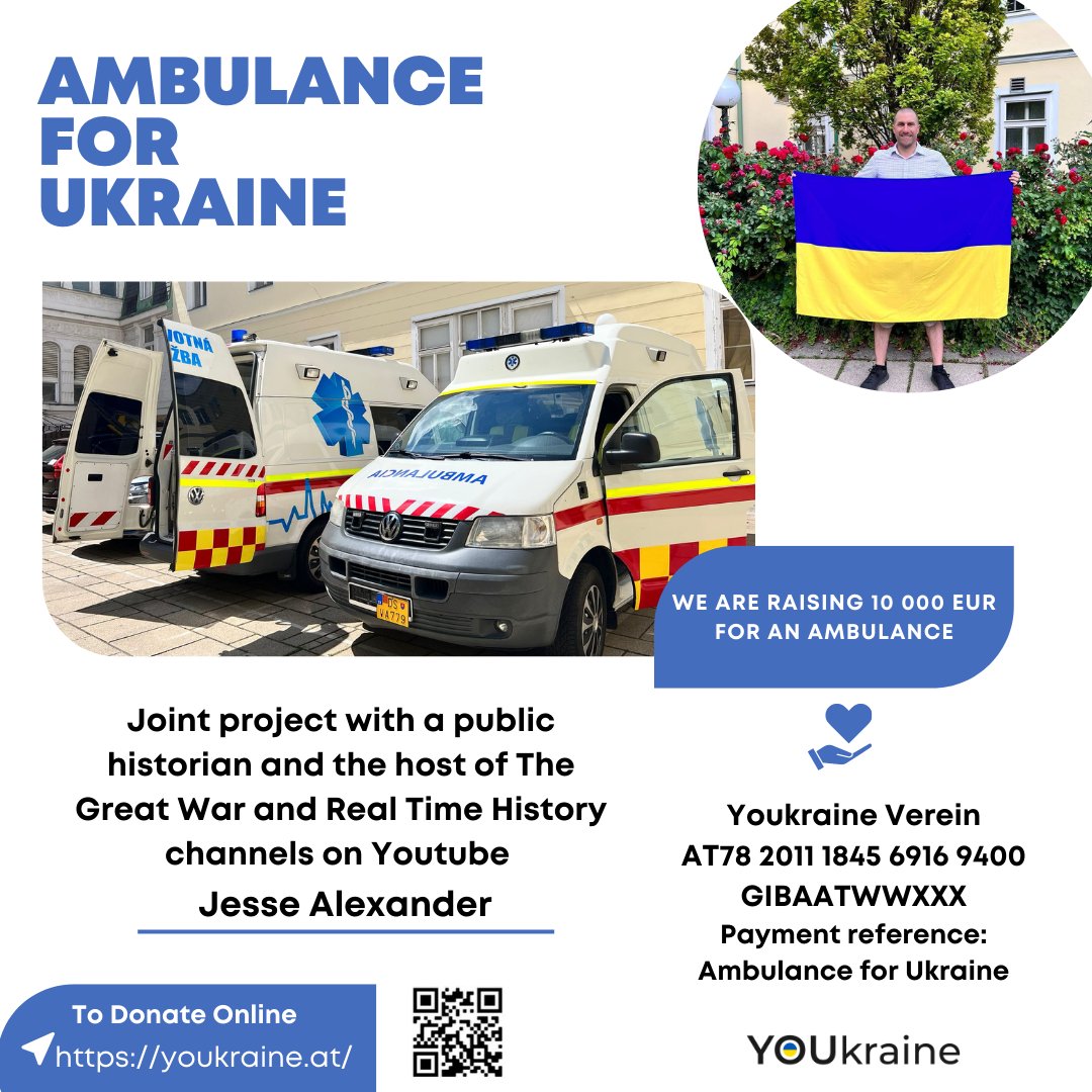 YouTuber and Historian <a href="/jesse_history/">Jesse Alexander</a> is teaming up with <a href="/YOUkraineEU/">YOUkraine</a> to raise 10,000 EUR for an ambulance to be donated to Ukraine. Once purchased &amp; equipped, Jesse plans to drive it to Ukraine himself. He is nearly at his goal, with just 2000 EUR to go. youkraine.at/donate/