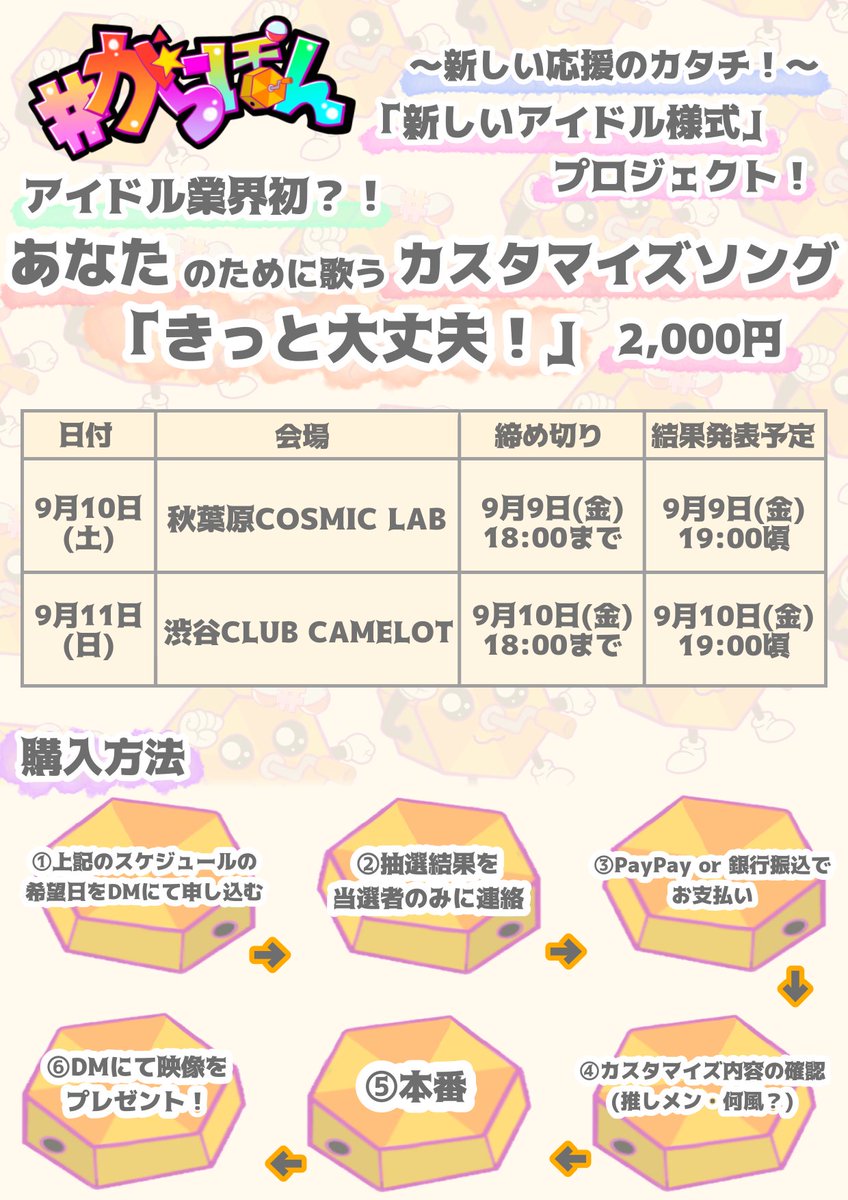 grpn_help's tweet photo. 「新しいアイドル応援プロジェクト📢」
#がらぽん では新しい試みに挑戦しております‼️
「きっと 大丈夫」の歌詞の中にあなたのお名前が⁉️⁉️
9/10(土)9/11(日)受付中💜💚❤️💗

詳しくは⬇️
ご購入はDMにてご連絡ください🙇
#新しいアイドルのカタチ
#新しいアイドル様式
#カスタマイズソング https://t.co/YPu4fo6MvV