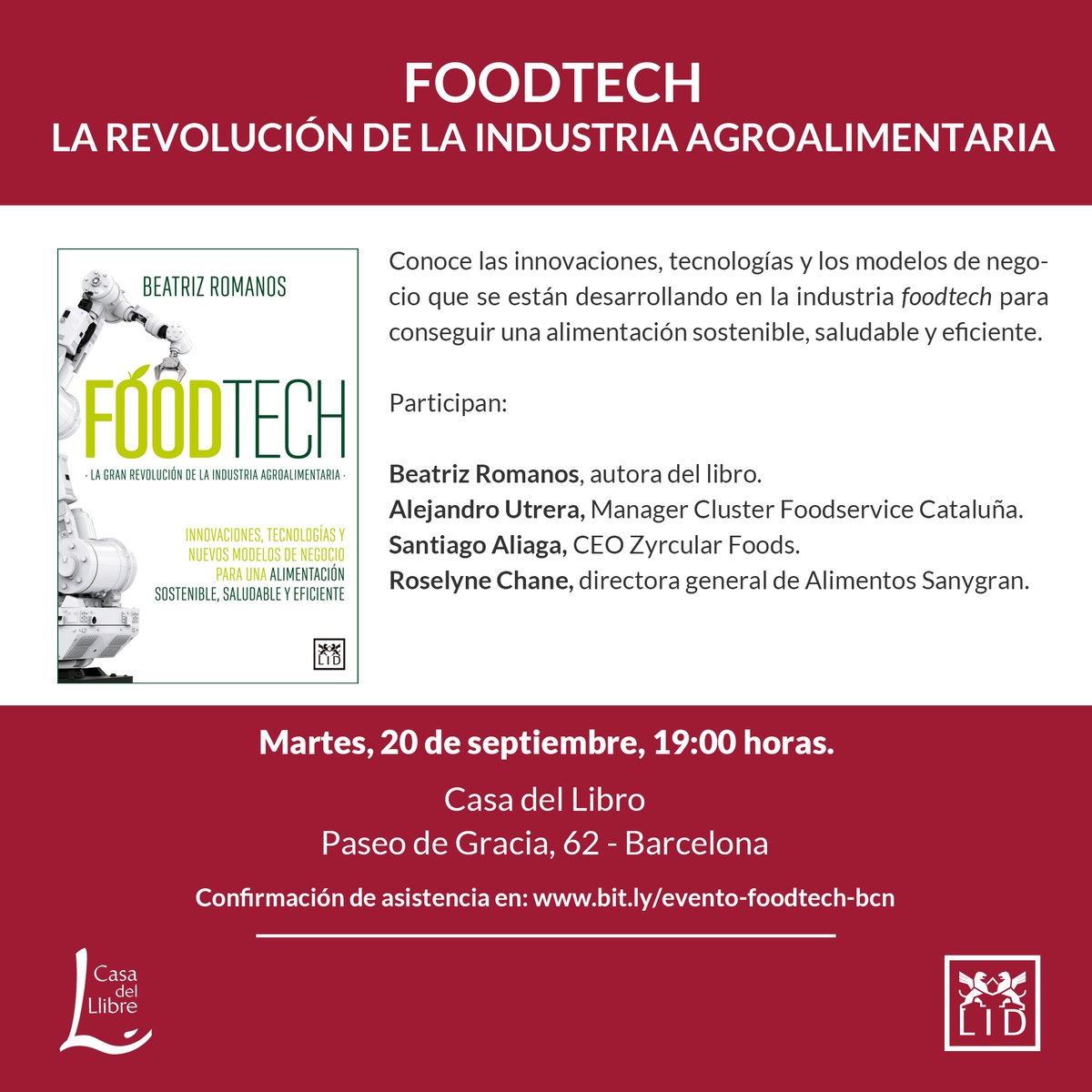 lideditorial's tweet photo. 20/09 Evento: #Foodtech. La revolución de la #IndustriaAgrolimentaria. 
Conoce su evolución y las oportunidades de negocio con @beatrizromanos  #AlejandroUtrera #SantiagoAliaga y @RoselyneChane en @casadellibro #Barcelona
@AlmuzaraLibros @Disbook_es #FoodtechLibro https://t.co/FvYG0b9JlC