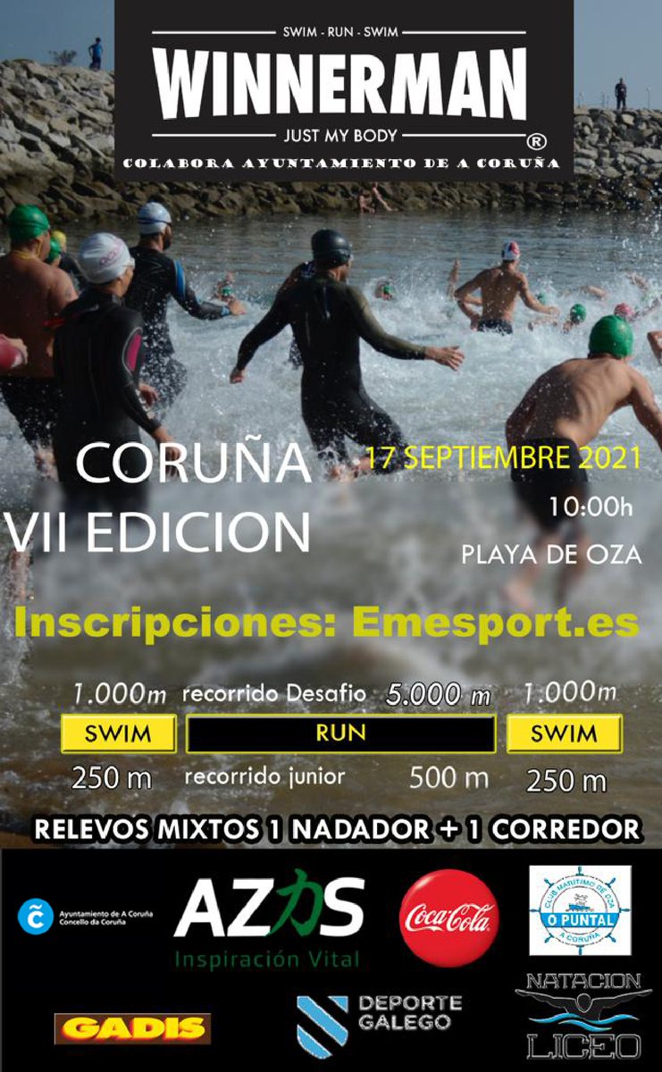 coruna_deportes's tweet image. Aínda non te anotaches? ✍️

🏊 O VII #Winnerman A Coruña, organizado polo @NatacionLiceo, terá lugar o 17 de setembro ás 10:00h nas augas da praia de Oza.

Fai agora a túa inscrición ➡ bit.ly/3Rg7PA2.