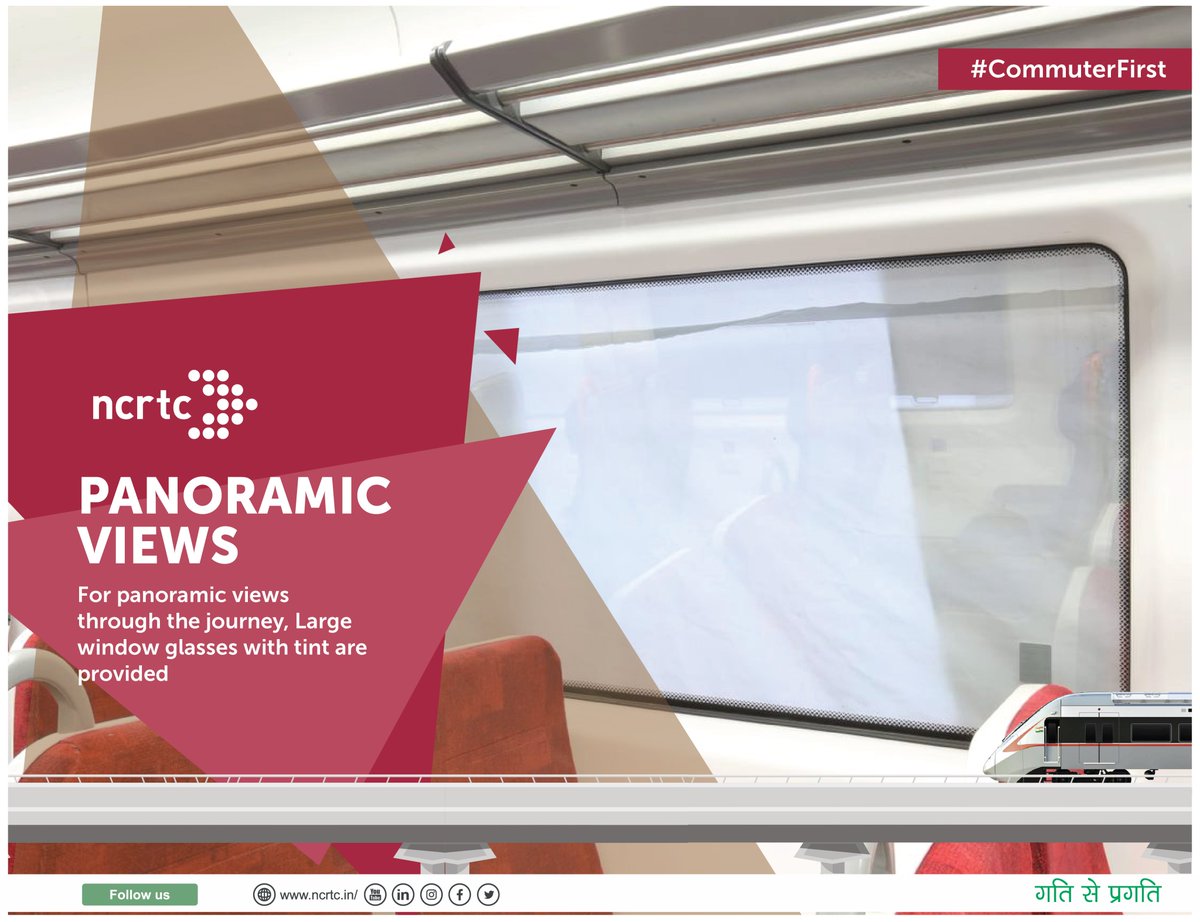 officialncrtc's tweet photo. To enhance the travel experience with scenic views and ambience outside, large panoramic windows complete the design of #RRTS trains.
@ut_MoHUA @AIIB_Official @NDB_int @ADB_HQ
#GatiSePragati #CommuterFirst #NCRTC https://t.co/zUiAhHp3iB