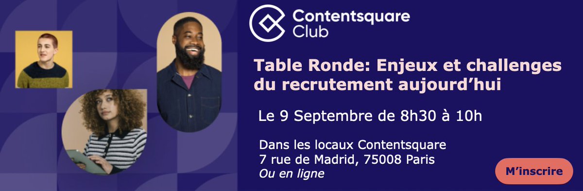 AnaMariaOlcina's tweet photo. Ce vendredi 9 septembre à :30 dans les locaux de @ContentSquareFR , petit déjeuner table ronde sur les enjeux et challenges du recrutement aujourd'hui. Comment mieux attirer et fidéliser nos talents? Pour vous inscrire https://t.co/W2cpKzhtQz https://t.co/NTmUYMuEtr