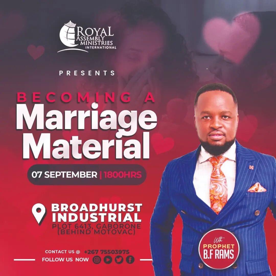 RoyalAssembly's tweet photo. 🚨THE MIDWEEK EXPERIENCE
🔸Date: Wednesday 07th September 2022
🔹Time: 1800hrs
📍Venue: Broadhurst Industrial, Plot 6413, Gaborone, behind Motovac.
⚠️Contact 267 75503975 for more information. We celebrate you!
#LoversWorld #TotalLifeFulfilment #YearOfElevation https://t.co/oa5Fp3kLRl