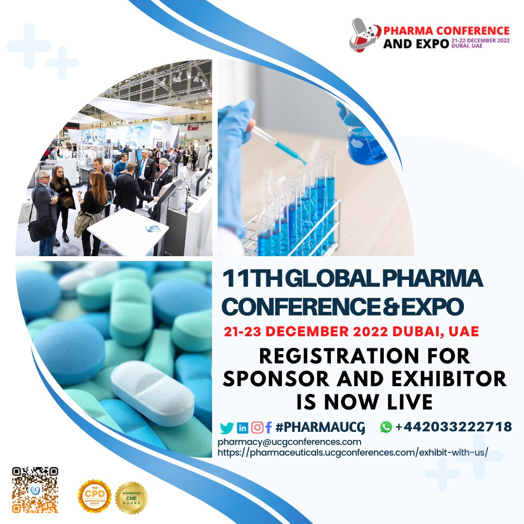 LuciferEllis's tweet image. Exhibitor/Sponsor Registration Is Now Open! For the CME/CPD accredited 11th Global Pharma Conference and Expo on 21-23 December 2022 Dubai UAE. Establish yourself as one of the main players in the Pharmaceutical industry. 

Learn more: pharmaceuticals.ucgconferences.com/exhibit-with-u…

#CallforSponsor