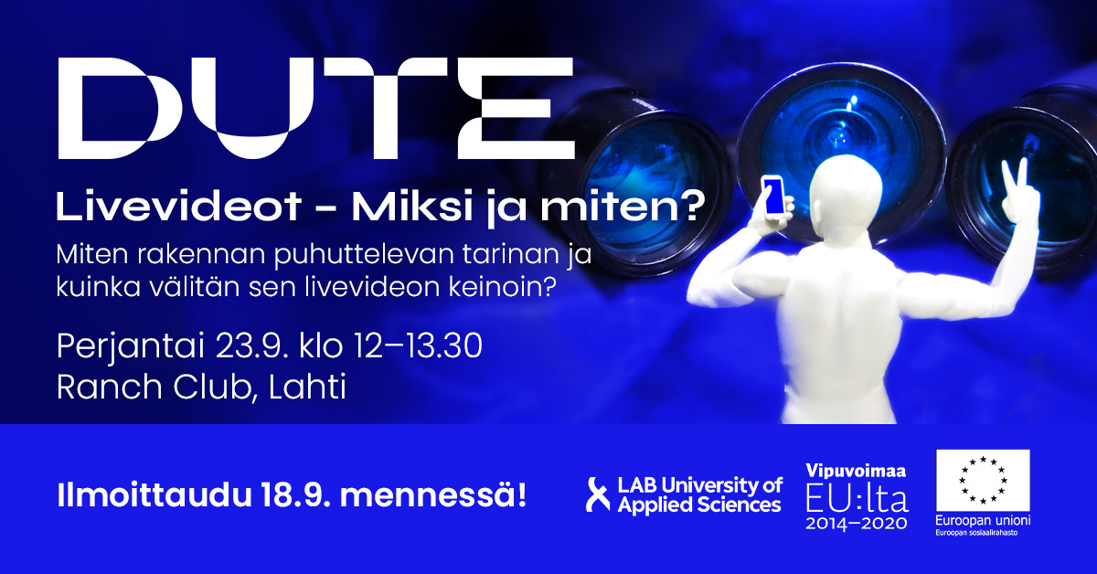 Tervetuloa DUTEn Perjantaipajaan 23.9. klo 12–13.30 tutustumaan puhuttelevan tarinan rakentamiseen ja miten välittää se livevideon keinoin? 
 Ilmoittaudu 18.9. mennessä Eventbritessä, tilaisuuteen mahtuu 35 nopeinta. Nähdään perjantaina 23.9.!
DUTE_livevideot.eventbrite.fi