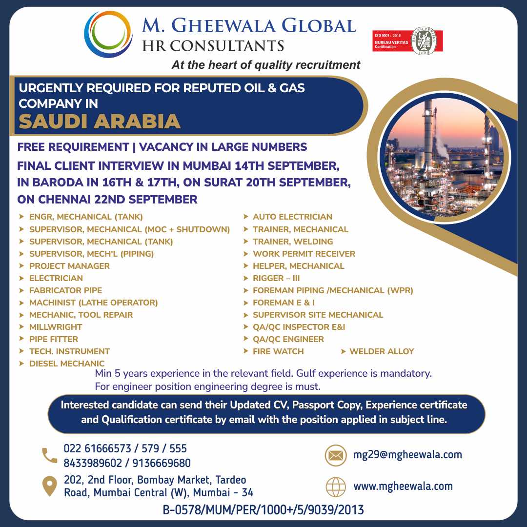mgheewala_hrc's tweet photo. Job Vacancies for #SaudiArabia
Interested Candidates can send the updated resume to mg29@mgheewala.com
Learn More https://t.co/Ps4bxv2mB1
#saudijobs #oilandgas #mechanicalengineer #projectmanager #workpermitreceiver #machinist #qcengineer #pipefabricator #welding #electrician https://t.co/AoDAs5VhsJ