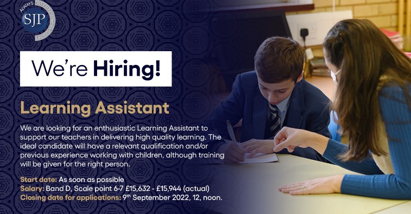 SJPHeadteacher's tweet photo. We are looking for an enthusiastic #LearningAssistant to support our teachers in delivering high quality learning. The ideal candidate will have a relevant qualification and/or previous experience working with children, although training will be given for the right person.