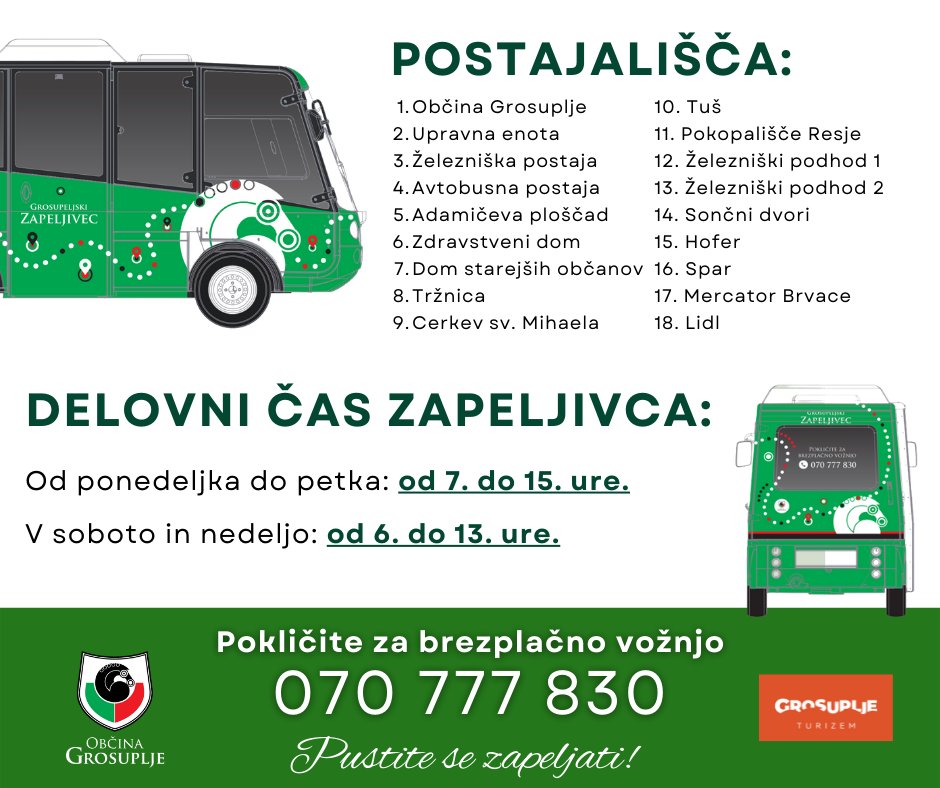 ObcinaGrosuplje's tweet photo. Še nekaj pomembnih informacij za Grosupeljskega Zapeljivca (postajališča, delovni čas in telefonska številka):
#trajnostnamobilnost #evropskitedenmobilnosti #samo1planet #care4climate #sptm #grosupeljskizapeljivec 💚 https://t.co/zqZeiJHCcH