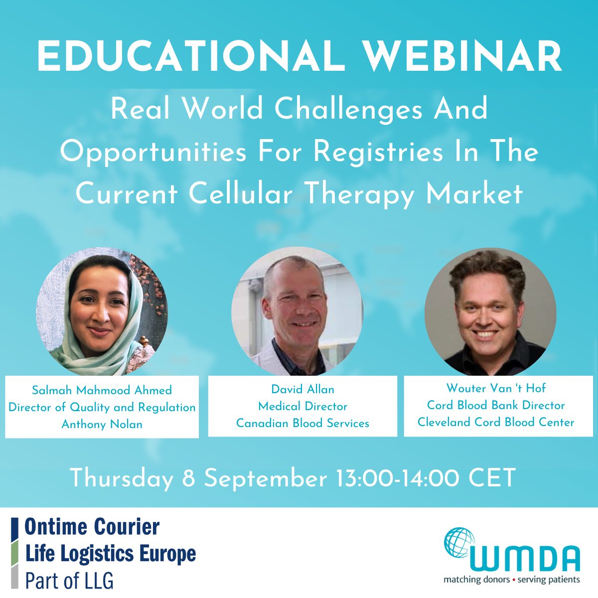 WMDA_office's tweet photo. On Thursday, our #webinar series continues. Is your registry exploring the #cellulartherapy market? Salmah Ahmed,@AnthonyNolan, David Allan, @CanadasLifeline and Wouter van’t Hof, @clevecordblood will take you through the real challenges and opportunities for a #stemcellregistry. https://t.co/Gb9dZEKm14