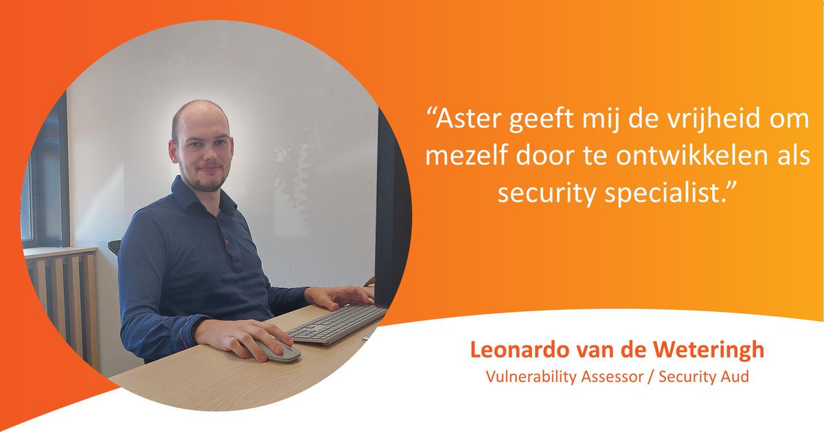 AsterGroep's tweet photo. Maak kennis met Leonardo van de Weteringh! 👉https://t.co/VfwKmL5mO2

Internetcriminelen zitten niet stil: aanvallen worden geavanceerder. Met de aanstelling van Leonardo als Vulnerability Assessor/Security Auditor zet Aster een volgende stap in de versterking van haar security! https://t.co/kZQaAogfI3