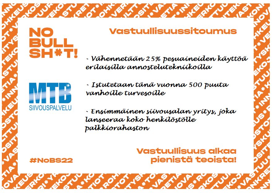 mtbsiivous's tweet photo. Tänään olemme oppimassa vuoden vastuullisuuden tositapahtumassa! Pienet teot ja suuret saavutukset, yhdessä teemme liiketoiminnasta kestävämpää 💪Kiitos mm. @nobullshtevents sekä @Perheyritys Tässä meidän vastuullisuussitoumus, mikä ohjaa toimintaamme eteenpäin #nobs22 https://t.co/PYTuEoHgW9