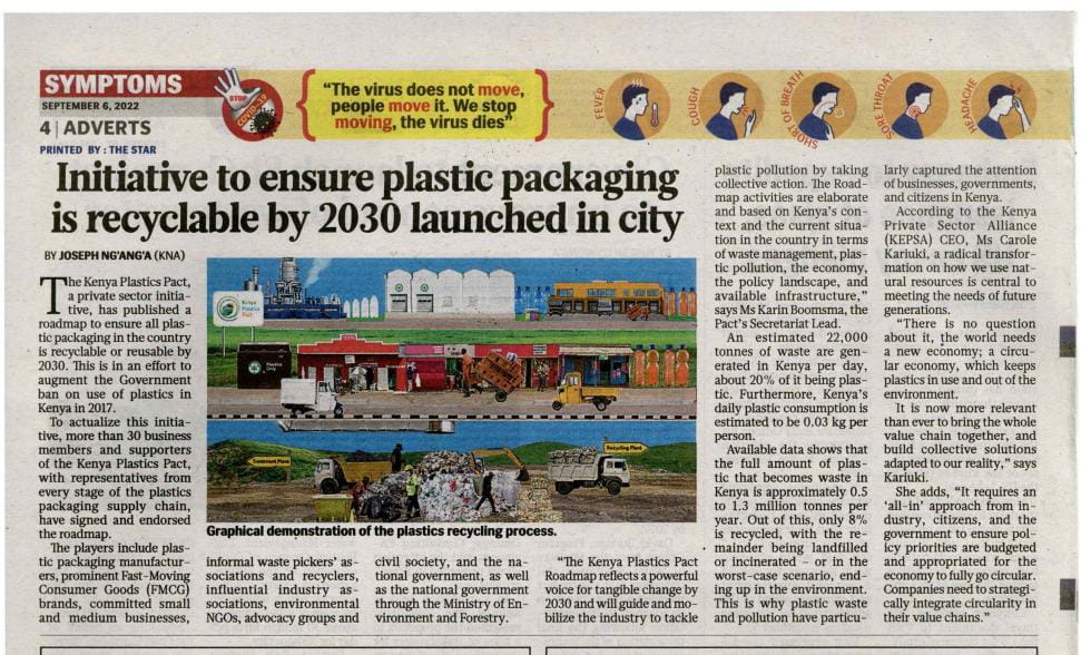 KPlasticspact's tweet image. The #KPPRoadmapTo2030, a private sector initiative led by @SustainaBizKe, will ensure all plastic packaging in the country is recyclable or reusable by 2030. This will augment the Government&apos;s (@Environment_Ke) ban on single-use plastics in Kenya in 2017. bit.ly/3TLqfdv