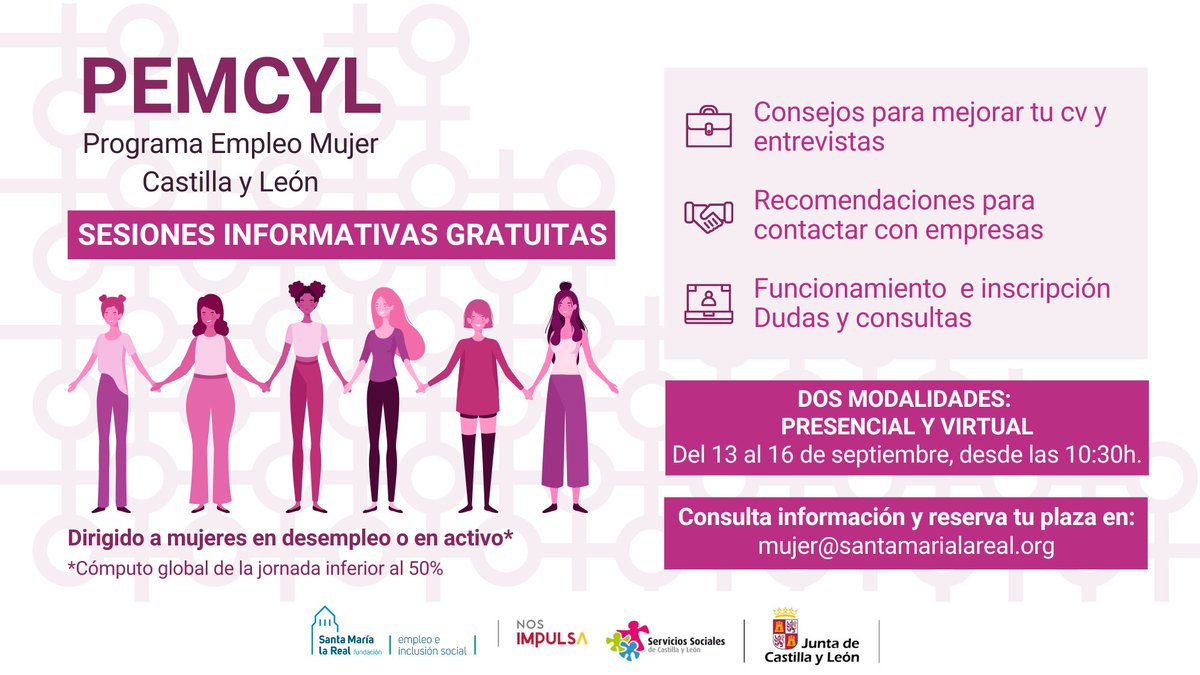 AreaEmpleoFSMLR's tweet photo. 📣💁‍♀️ #PEMCYL 💼 Del 13 al 16 de septiembre, desde las 10.30h tienes cita con el Programa #EmpleoMujer #CastillaYLeón  #PEMCYL🟣 #SesionesInformativas para #mujeres en #desempleo o en #activo con #EmpleosPrecarios de #CyL🙋‍♀️https://t.co/EYJcxeqKWC https://t.co/aaMhTrbzzD