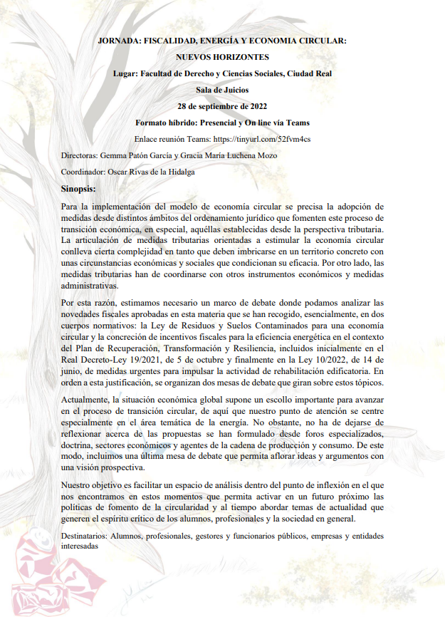 CatedraEC_UCLM's tweet photo. ✅Jornada Fiscalidad, Energía y Economía Circular: Nuevos Horizontes, dirigida por Gemma Patón @lapaton y Gracia María Luchena
📅28 de septiembre de 2022
📍@Derecho_CR_UCLM https://t.co/ACd5yLyKx6