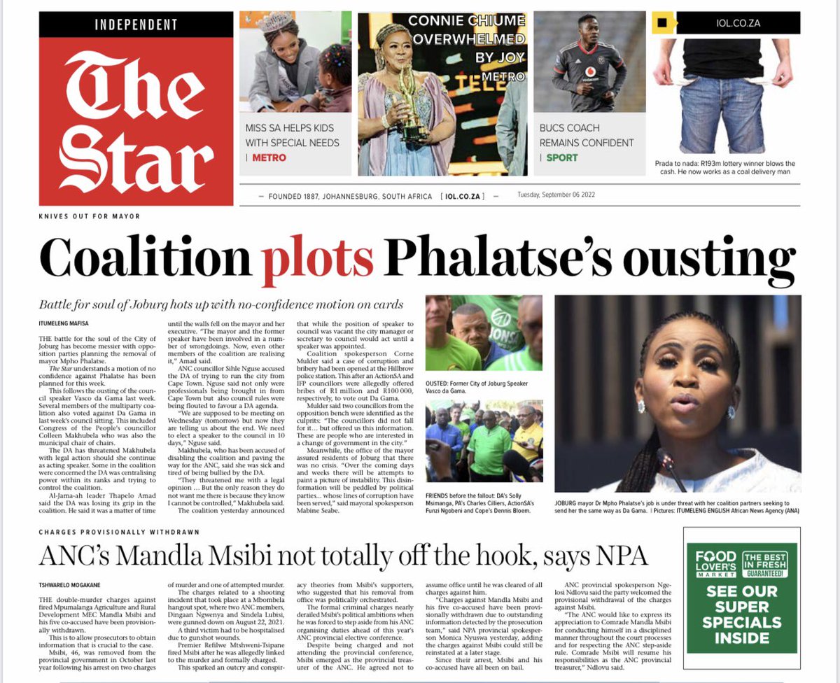 TheStar_news's tweet photo. In #TheStarNews today: Coalition plots #MphoPhalatse’s ousting; #MandlaMsibi not totally off the hook, says NPA; Connie Chiume overwhelmed by joy; Miss SA helps kids with special needs and more: https://t.co/xJ32CzP9YP
