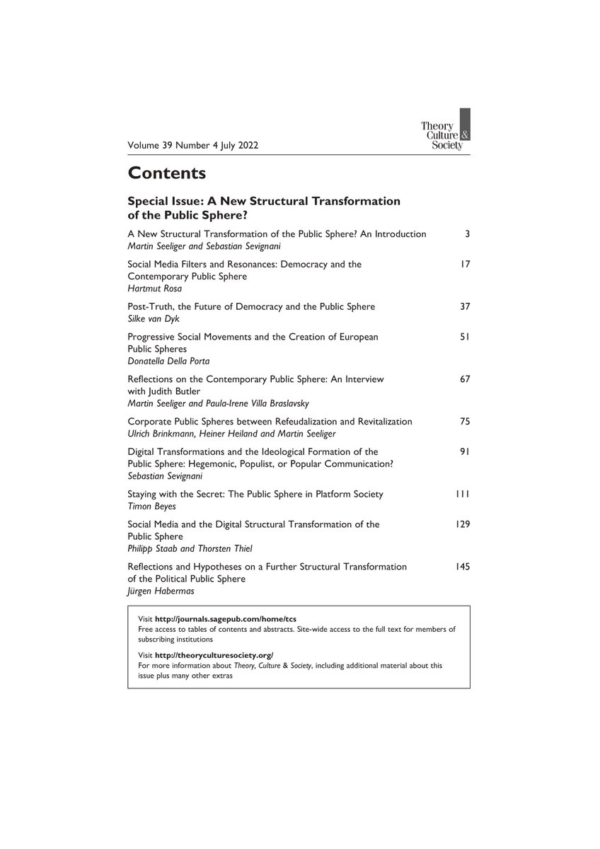 Hi everyone, togehter with  Sebastian Sevignani, I have edited this Special Issue of Theory, Culture and Society on the Structural Transformation of the Public Sphere!