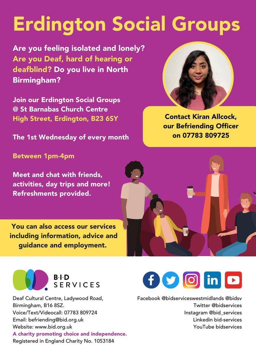 BIDServices's tweet photo. Do you live in #Erdington and are deaf, hard of hearing or deafblind? Join us tomorrow on the Wednesday 7th September to chat, socialise and take part in some art & crafts as part of our #BefriendingService Erdington Social Group.
⭐ Refreshments will be provided ☕🍪 https://t.co/uk2Prri67a