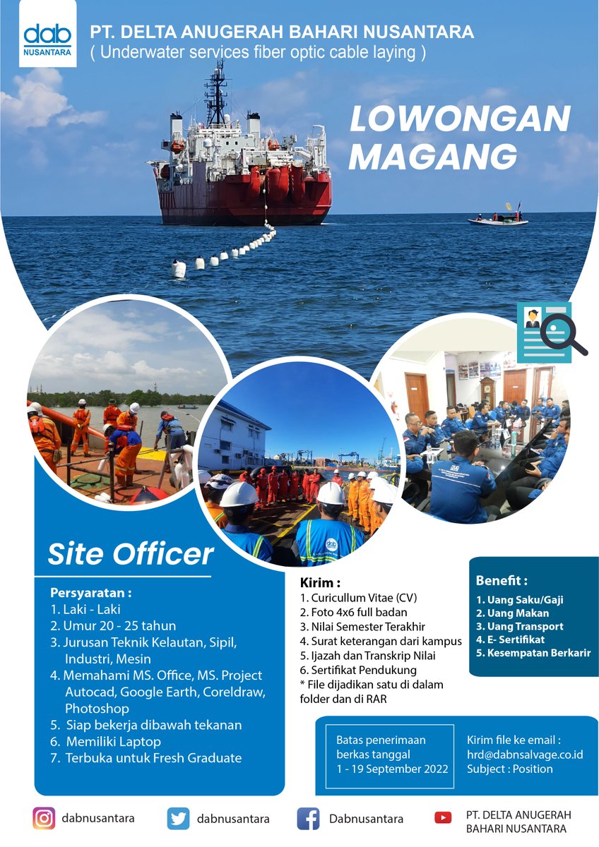dabnusantara's tweet photo. Halo Sobat DABN
Saat ini kami sedang membuka program magang untuk 
posisi Site Officer, Human Resource and General Affair ( HR &amp; GA ) dan Finance. 

Jika kamu tertarik kirim lamaran dan cv terbaikmu 
ke email : hrd@dabnsalvage.co.id https://t.co/eJkLsJUXmv