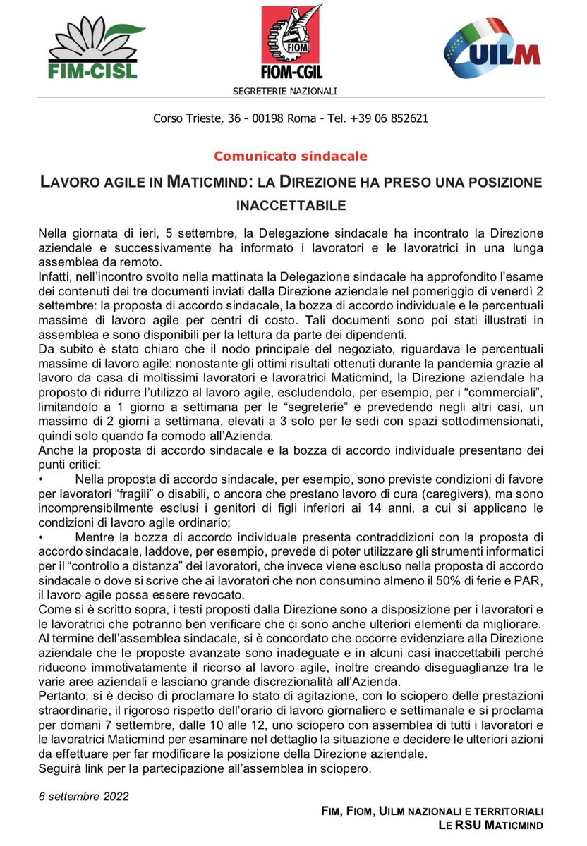 UilmNazionale's tweet photo. #Maticmind #LavoroAgile La Direzione ha preso una posizione inaccettabile 🟢🔴🔵 #Uilm @lucamcolonna https://t.co/ng43oFnhdU