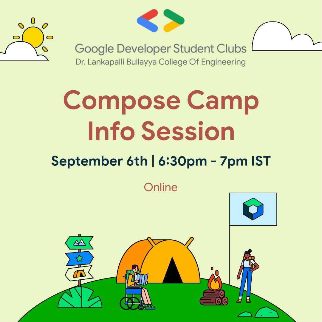 GdscLbce's tweet photo. Compose Camp is here! Join our Online Info Session to know more about the upcoming #ComposeCamp where you will learn how to build your first Android app with Compose.
RSVP: https://t.co/XNFMzWX2Xr

#ComposeCampIndia #JetCompose #Android #gdsclbce #studyjam #infosession #kotlin101 https://t.co/gpUOQShdXi