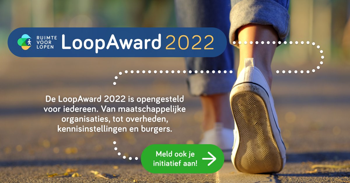 Ook dit jaar reikt Platform Ruimte voor Lopen de LoopAward uit. De LoopAward wordt uitgereikt aan het beste initiatief op Nederlandse bodem dat lopen stimuleert, in het hoofd, in beleid en buiten. T/m 𝟭𝟮 𝘀𝗲𝗽𝘁𝗲𝗺𝗯𝗲𝗿 kun je je initiatief aanmelden: bit.ly/3zbTldQ