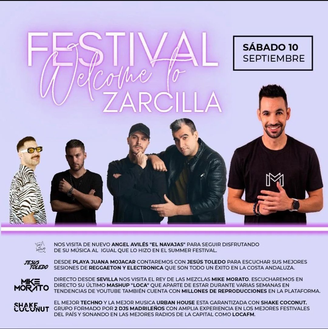 muygranuja's tweet photo. Sábado 10.

Festival Welcome to Zarcilla en Zarcilla de Ramos, Murcia con la presencia de @ShakeCoconutDjs en cabina.

#MuyGranuja https://t.co/js8nbq6ZTG