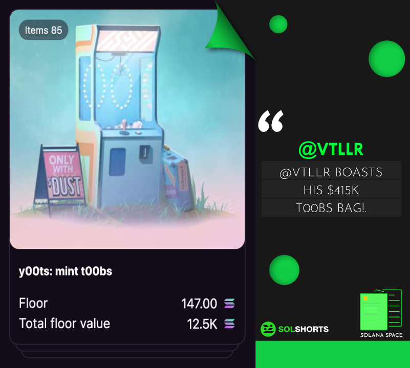 SolShorts_io's tweet photo. 📰Solana Space: Having 85 t00bs casually sitting in his wallet, @vtllr says that he will "ride or die"  this bag. Says that @Frankdegods and @DeGodsNFT changed his life forever and drinks are on him at NFTNYC23. https://t.co/JTlPrv0aHo