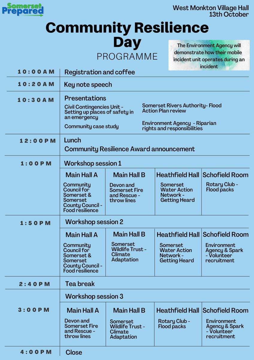 Programme for the <a href="/somersetprepare/">Somerset Prepared</a> community resilience day now live! Highlights include new climate adaptation toolkit for Parish and Town Councils with @swtlevels, the latest on the Flood Action Plan review with @sranews, and of course... free lunch! 
eventbrite.co.uk/e/somerset-pre…