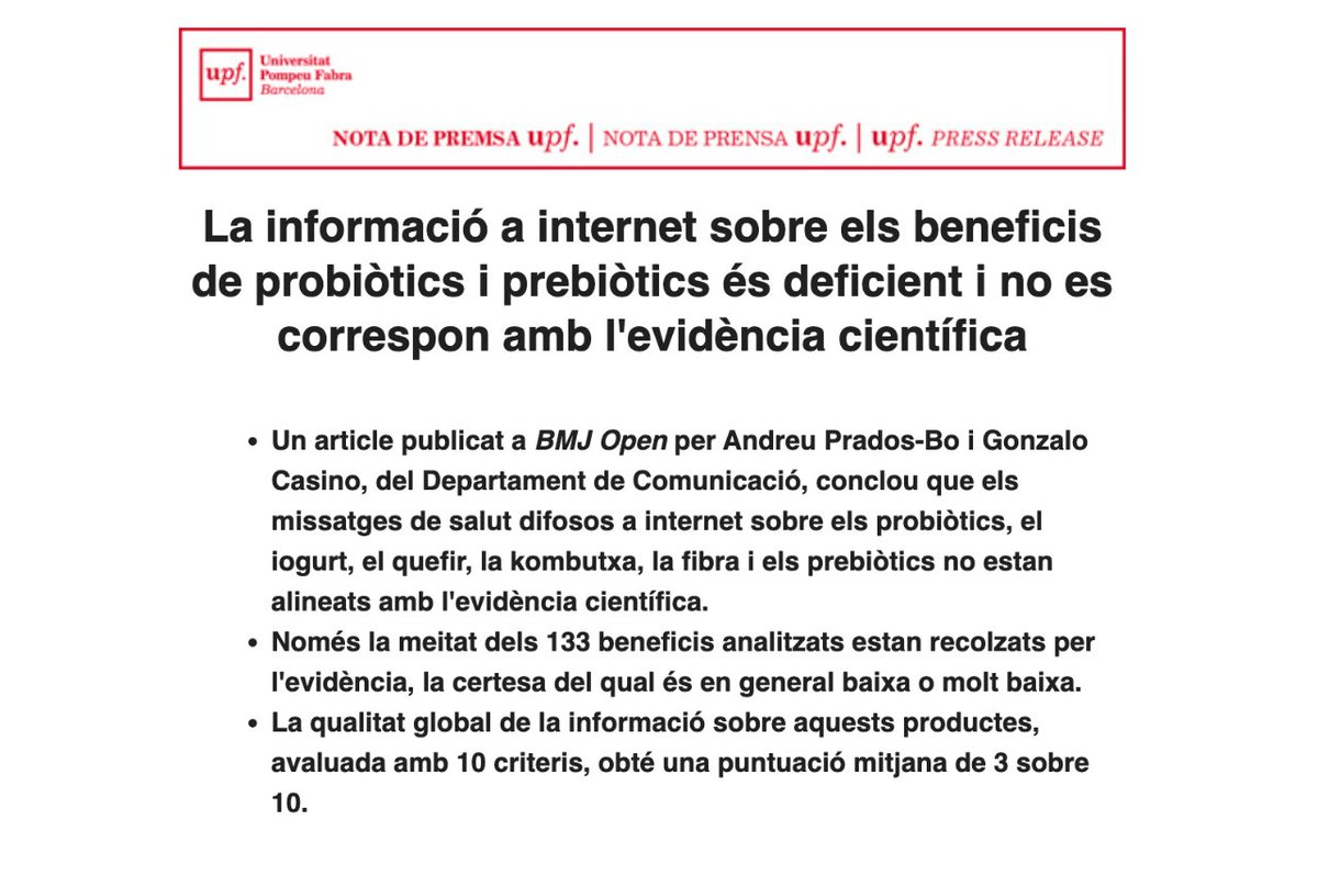 andreuprados's tweet photo. El posicionament de les pàgines web sobre probiòtics i prebiòtics no es correspon amb l'evidència científica.

Molt content que la @UPFBarcelona es faci ressò de l'estudi que he publicat amb @MontseRabassa, @mboschpujadas i @gonzalocasino: 

https://t.co/RGLny9kx84 https://t.co/EqjIc9CFfA